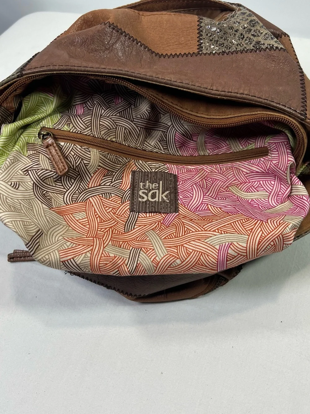 THE SAK Indio Boho Leather Patchwork Purse Hobo Shoulder Bag Braided